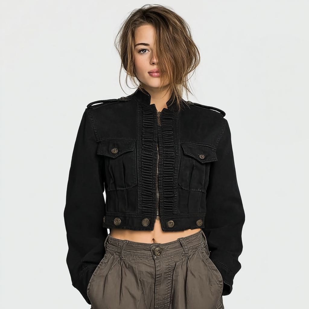 Women's Vintage Black Cropped Napoleon Military Jacket - Stand Collar Ruffled Front Zip Up Utility Blazer with Pockets