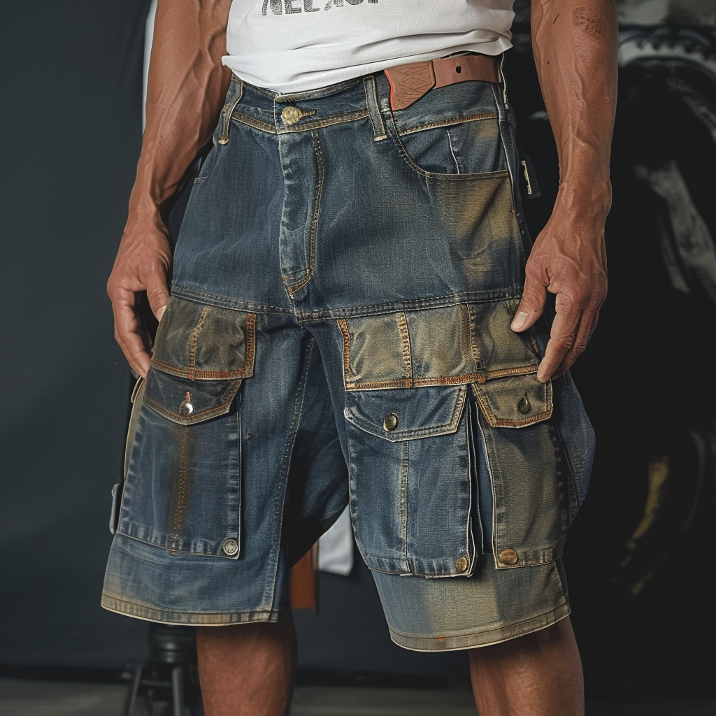 Men’s Vintage Distressed Denim Shorts – Faded, Washed, Rugged Old Look