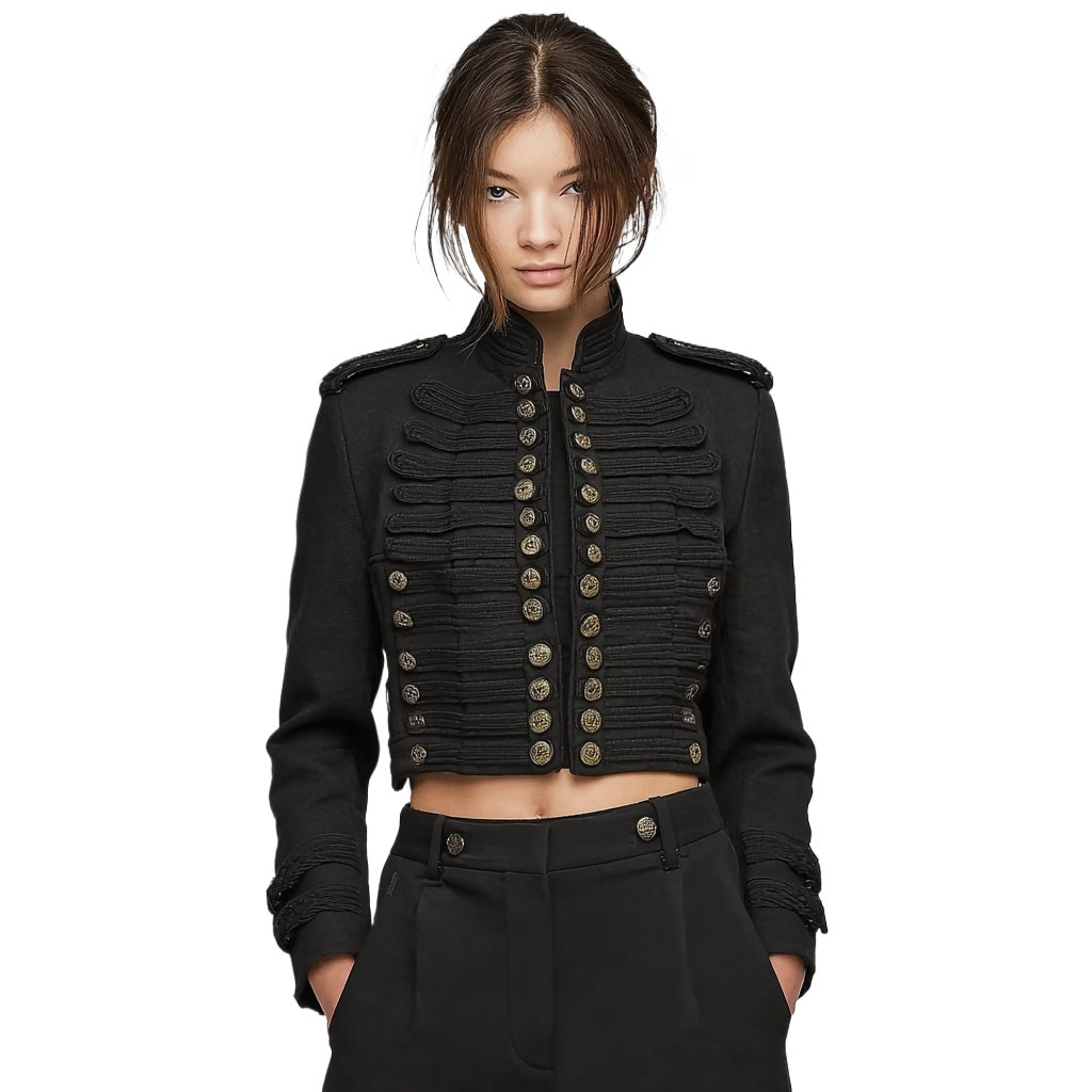 Women's Black Cropped Napoleon Military Jacket - High Stand Collar Layered Braided Trim Gold Buttons Short Blazer