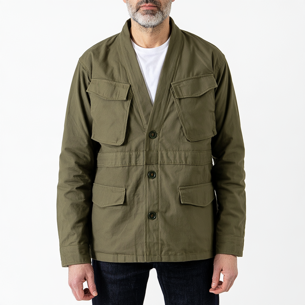 High Hip Band Field Jacket | Short Olive Four-Pocket Jacket