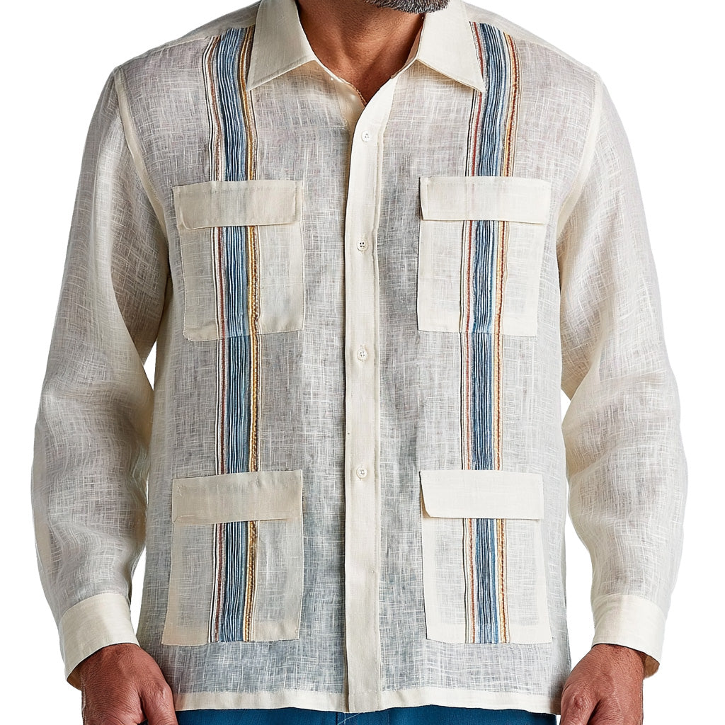 Multi-Stripe Linen Guayabera Shirt