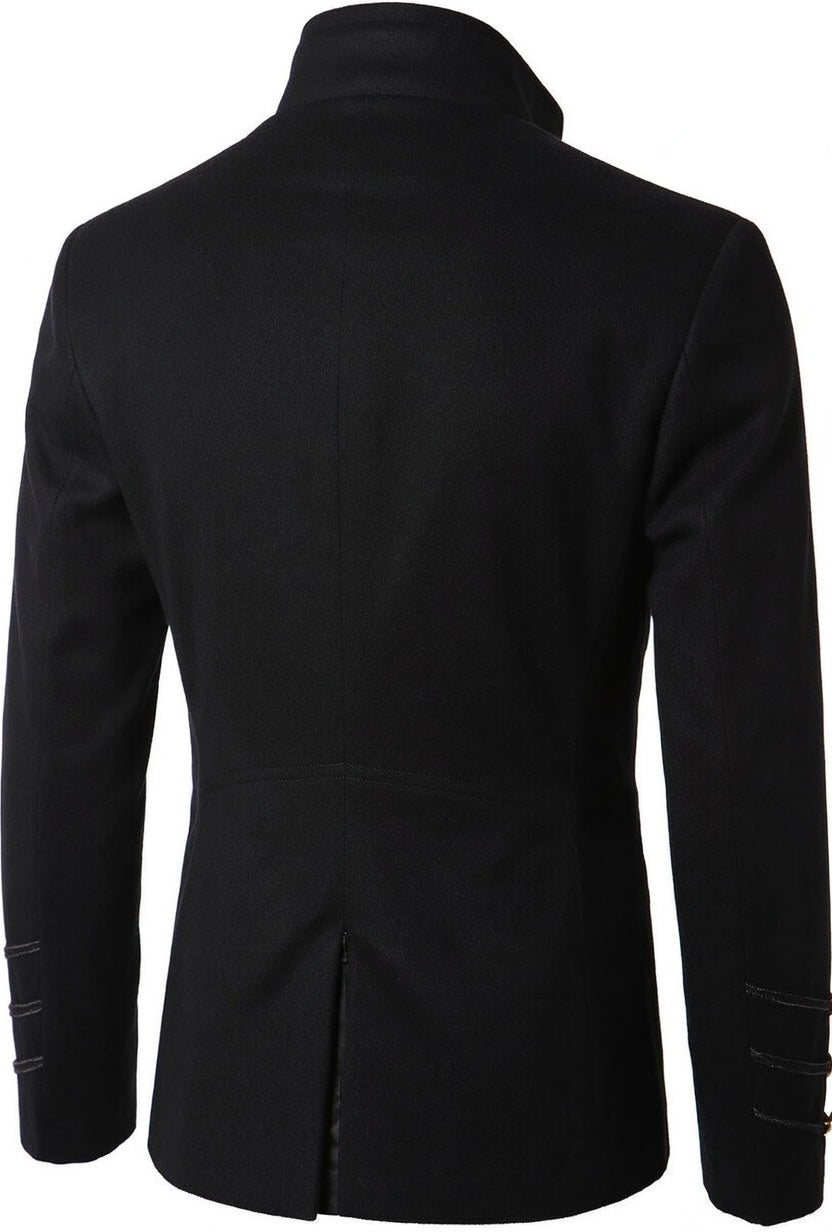 Men's Black Cropped Napoleon Military Jacket - High Stand Collar Braided Trim Gold Buttons Short Blazer
