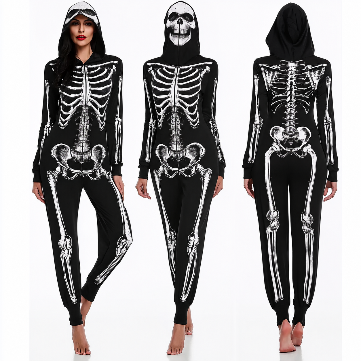 Women’s Hooded Undead Skeleton Jumpsuit Costume