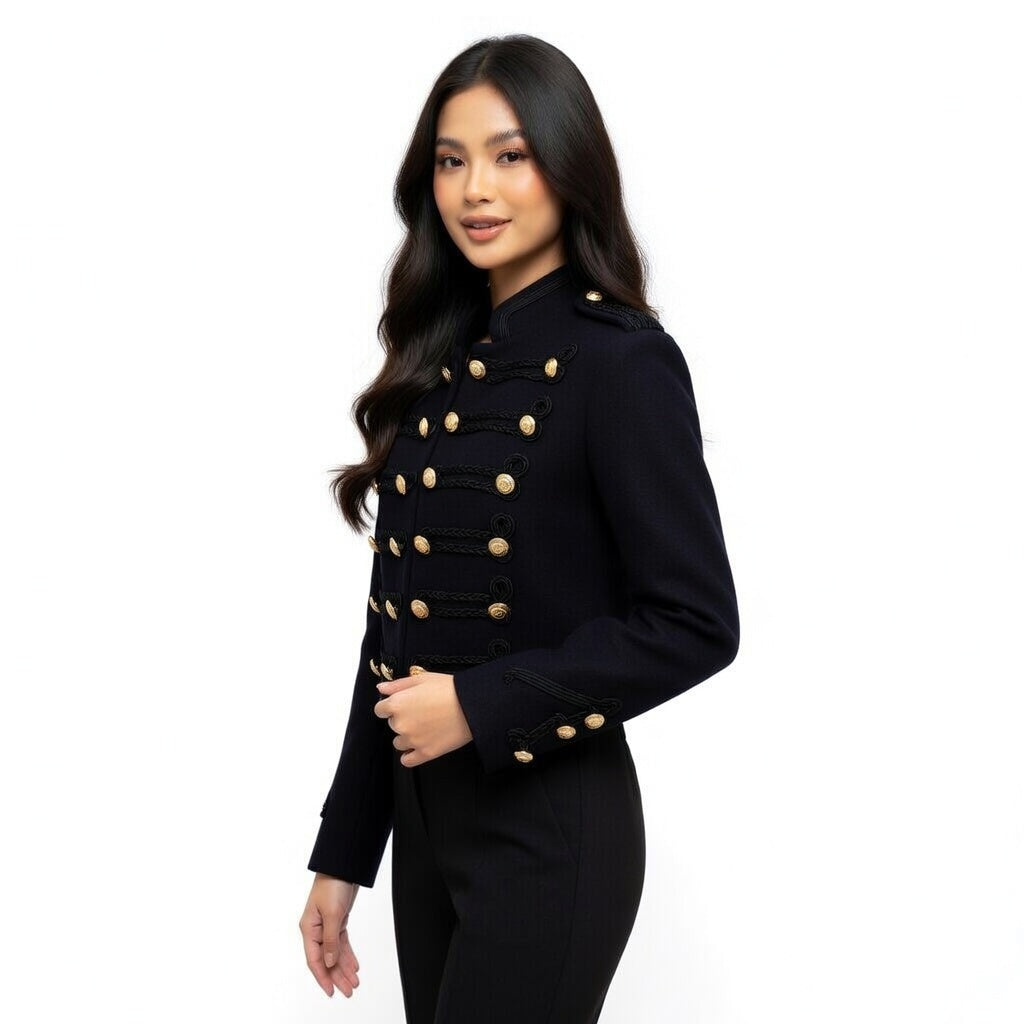 Black Cropped Napoleon Jacket for Women – Military Style Blazer with Gold Buttons & Ruffled Front