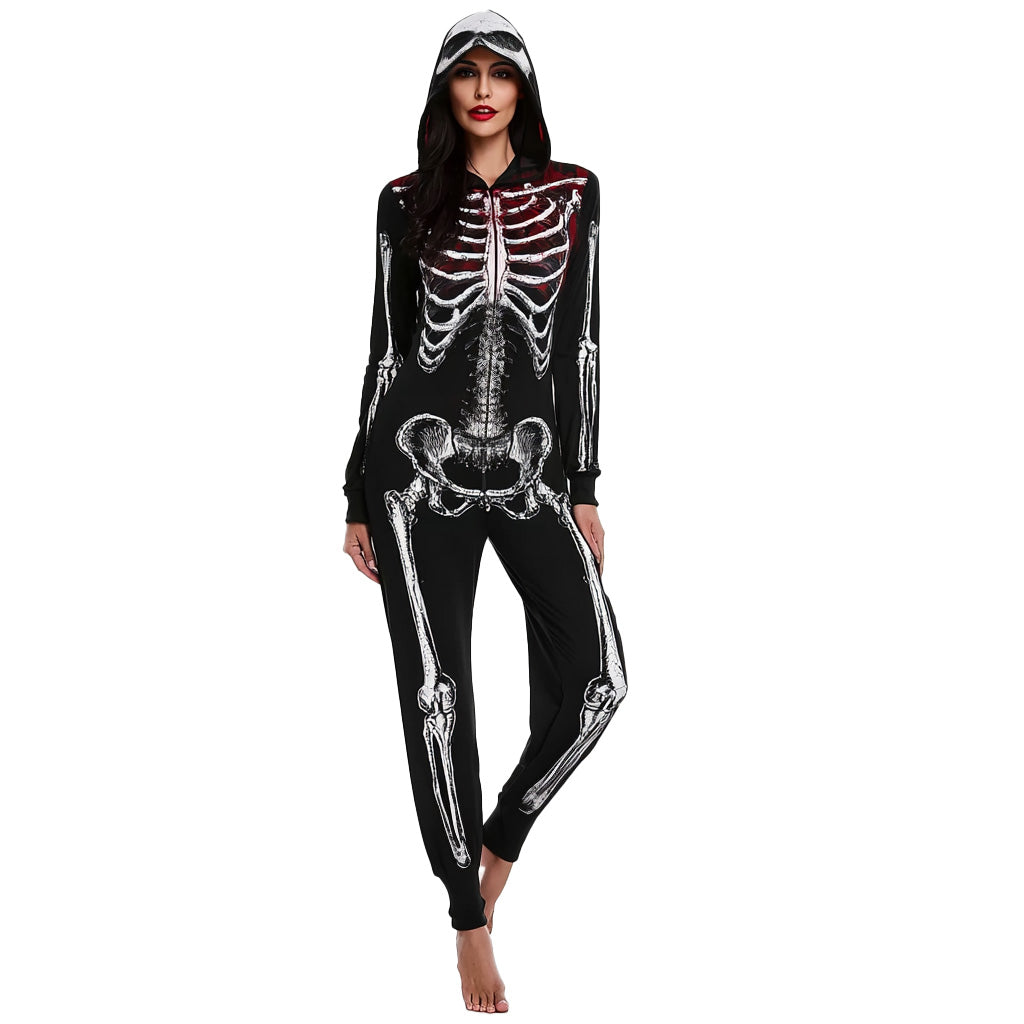 Women’s Hooded Undead Skeleton Jumpsuit Costume