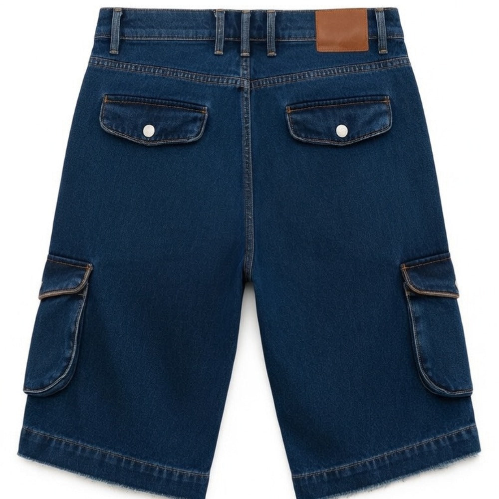 Men's Jorts 90s Style Blue Denim Cargo Shorts - Relaxed Fit Multi-Pocket Utility Bermuda Jorts with Raw Hem