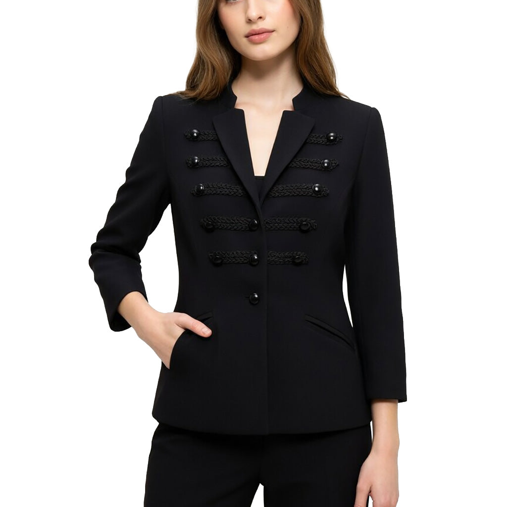 Women's Black Double Breasted Military Blazer - Notch Lapel Collar Braided Trim Structured Jacket with Pockets