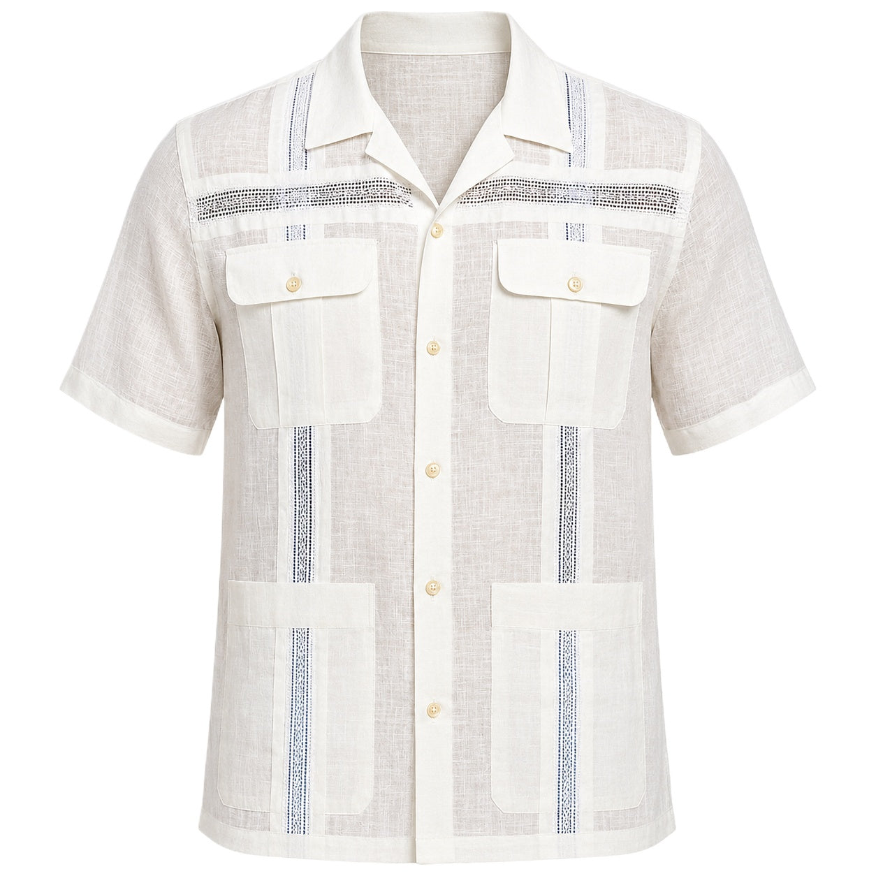 White Linen Guayabera Shirt with Blue Trim