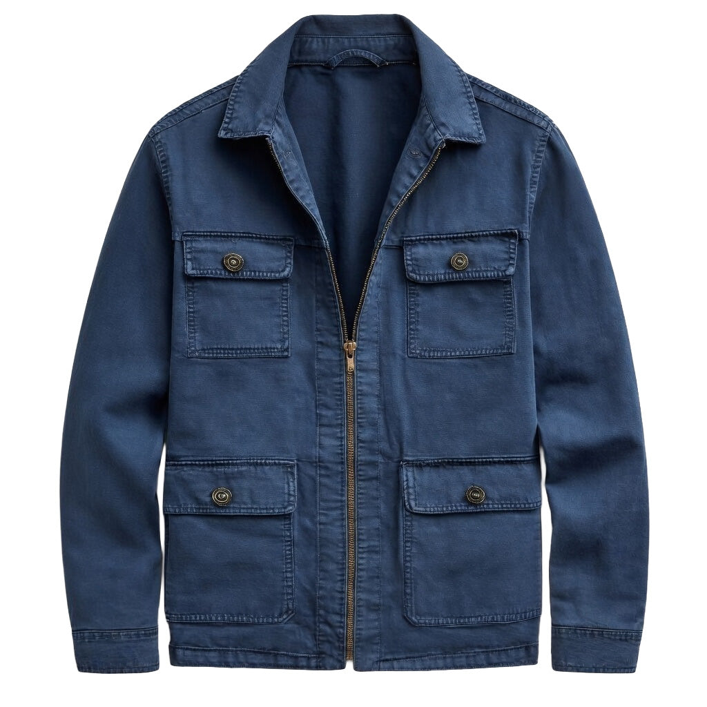 Men's Navy Cotton Utility Jacket - Zip Front Workwear Field Coat