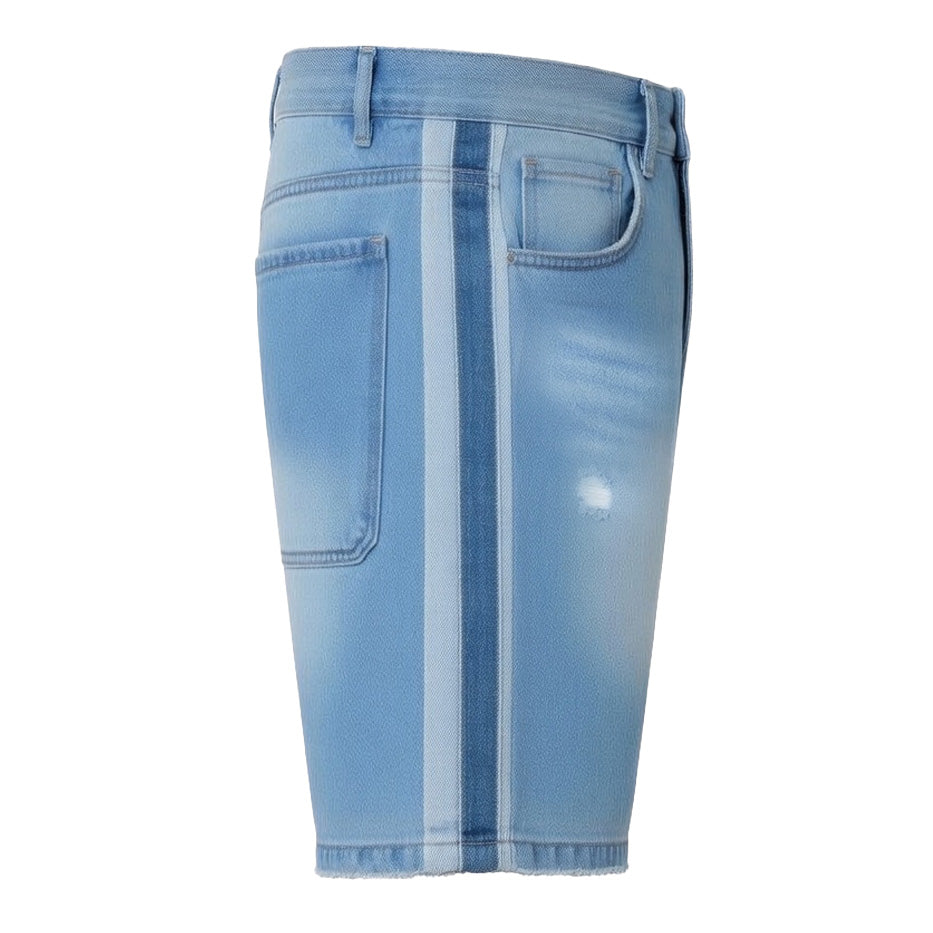 Men's Jorts 90s Style Light Blue Denim Shorts - Color Block Striped Relaxed Fit Bermuda Jorts with Raw