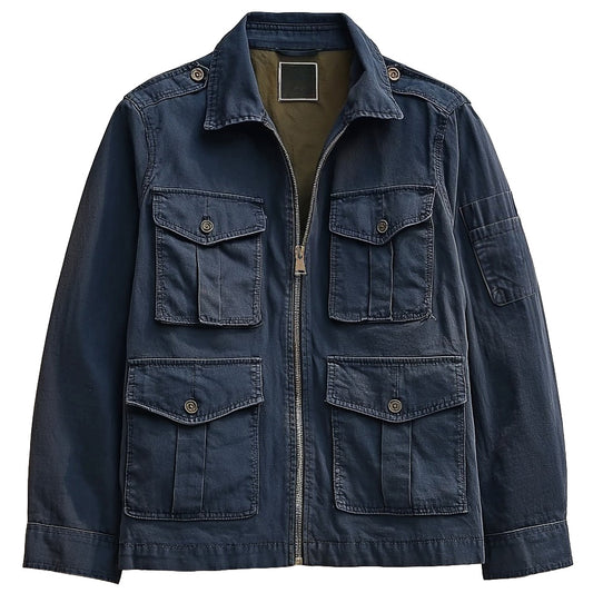 Men's Navy Cotton Utility Jacket - Zip Front Workwear Field Coat