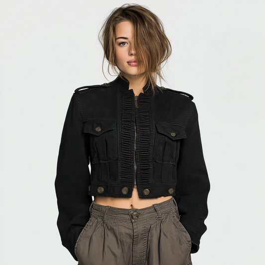 Women's Vintage Black Cropped Napoleon Military Jacket - Stand Collar Ruffled Front Zip Up Utility Blazer with Pockets
