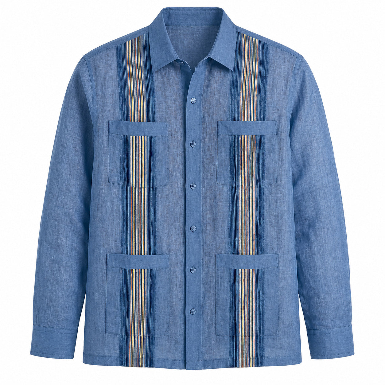 Men’s Blue Linen Guayabera Shirt with Multi-Stripe Panels