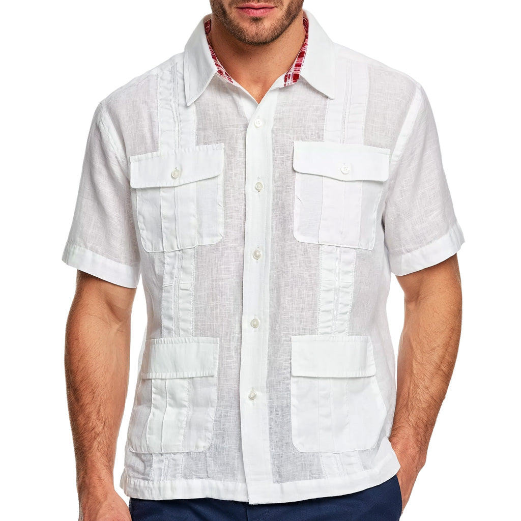 White Linen Guayabera Shirt with Red Plaid Detail
