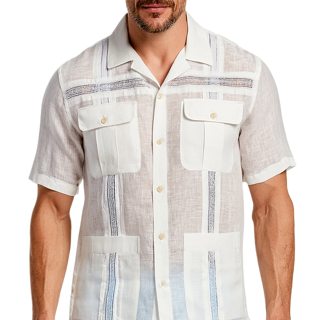 White Linen Guayabera Shirt with Blue Trim
