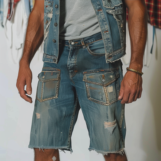 Men’s Vintage Distressed Denim Shorts – Faded, Washed, Rugged Old Look