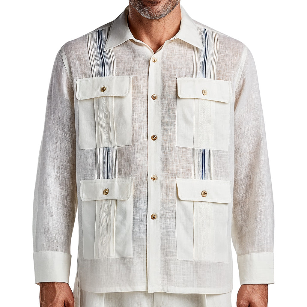 Ivory Linen Guayabera Shirt with Navy Stripes