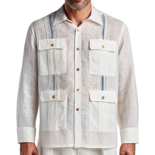 Ivory Linen Guayabera Shirt with Navy Stripes