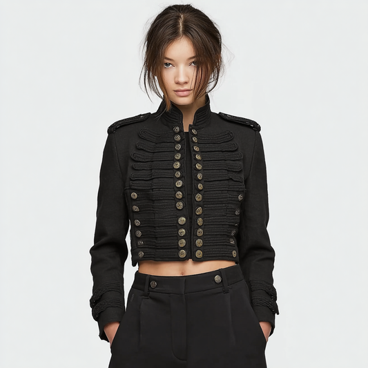 Women's Black Cropped Napoleon Military Jacket - High Stand Collar Layered Braided Trim Gold Buttons Short Blazer