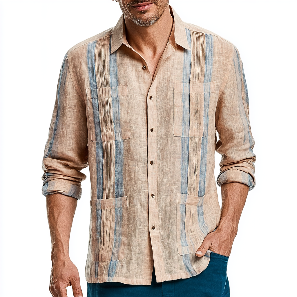 Sand Linen Guayabera Shirt with Blue Stripes