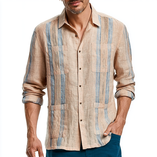 Sand Linen Guayabera Shirt with Blue Stripes