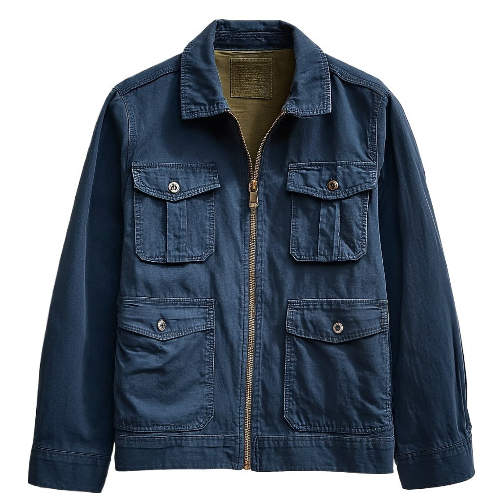 Men's Navy Cotton Utility Jacket - Zip Front Workwear Field Coat