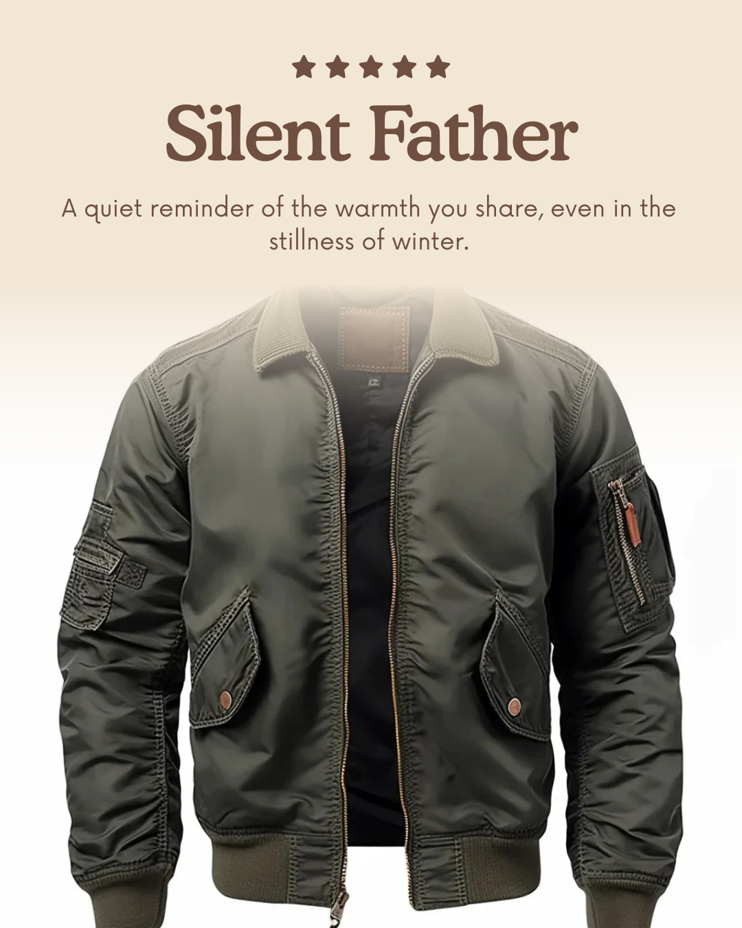 お父さんのための頑丈なオールドグリーンアーミーボンバージャケット — 物静かな父親のために