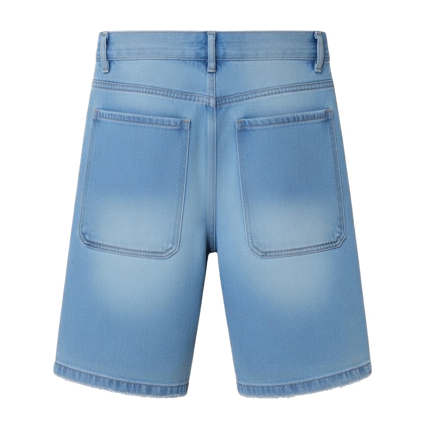 Men's Jorts 90s Style Light Blue Denim Shorts - Color Block Striped Relaxed Fit Bermuda Jorts with Raw