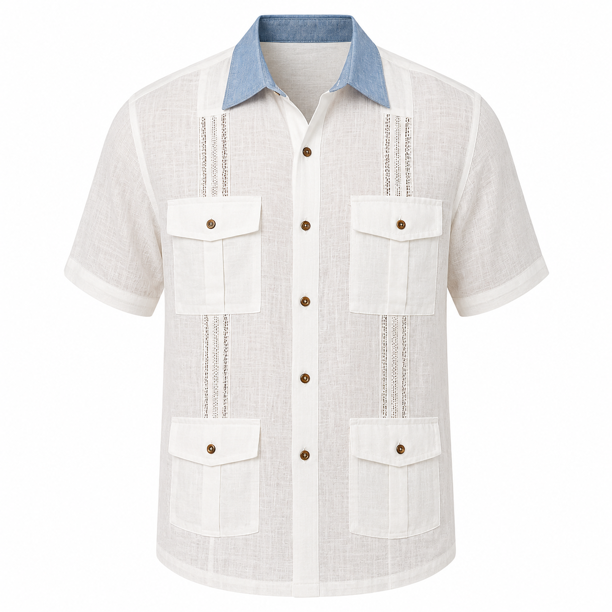 Men’s White Linen Guayabera Shirt with Blue Contrast Collar
