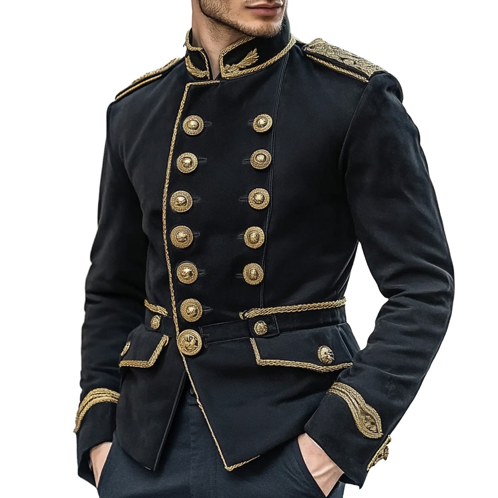 Men's Napoleon Military Jacket Vintage Multi-Wash Distressed Gold Embroidered Double Breasted Cropped Blazer Coat