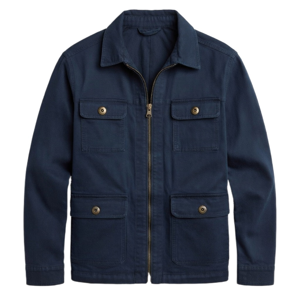 Men's Navy Cotton Utility Jacket - Zip Front Workwear Field Coat