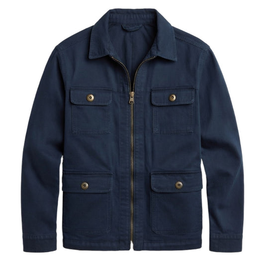 Men's Navy Cotton Utility Jacket - Zip Front Workwear Field Coat