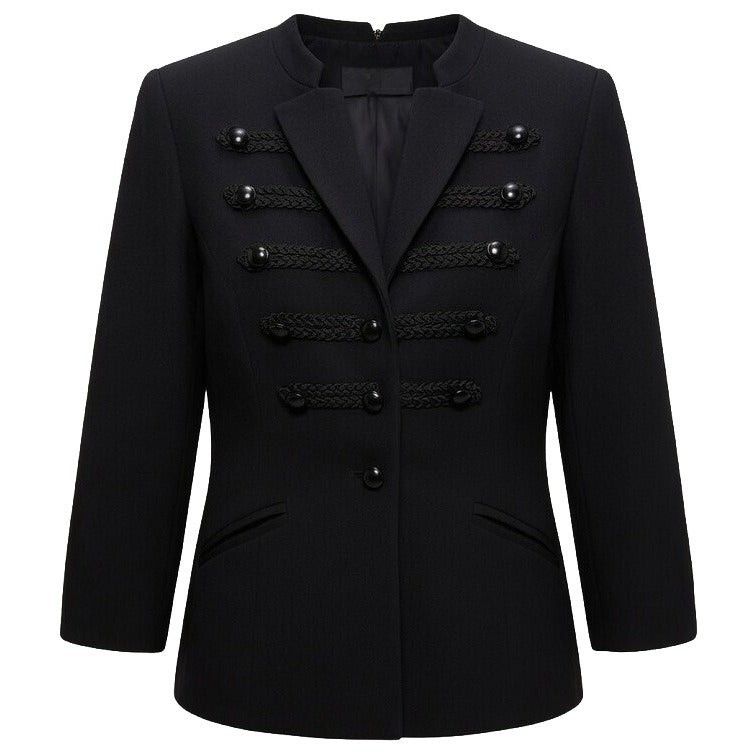 Women's Black Double Breasted Military Blazer - Notch Lapel Collar Braided Trim Structured Jacket with Pockets