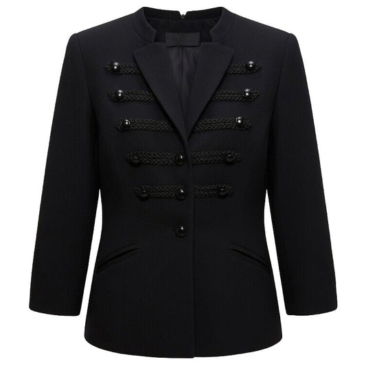 Women's Black Double Breasted Military Blazer - Notch Lapel Collar Braided Trim Structured Jacket with Pockets