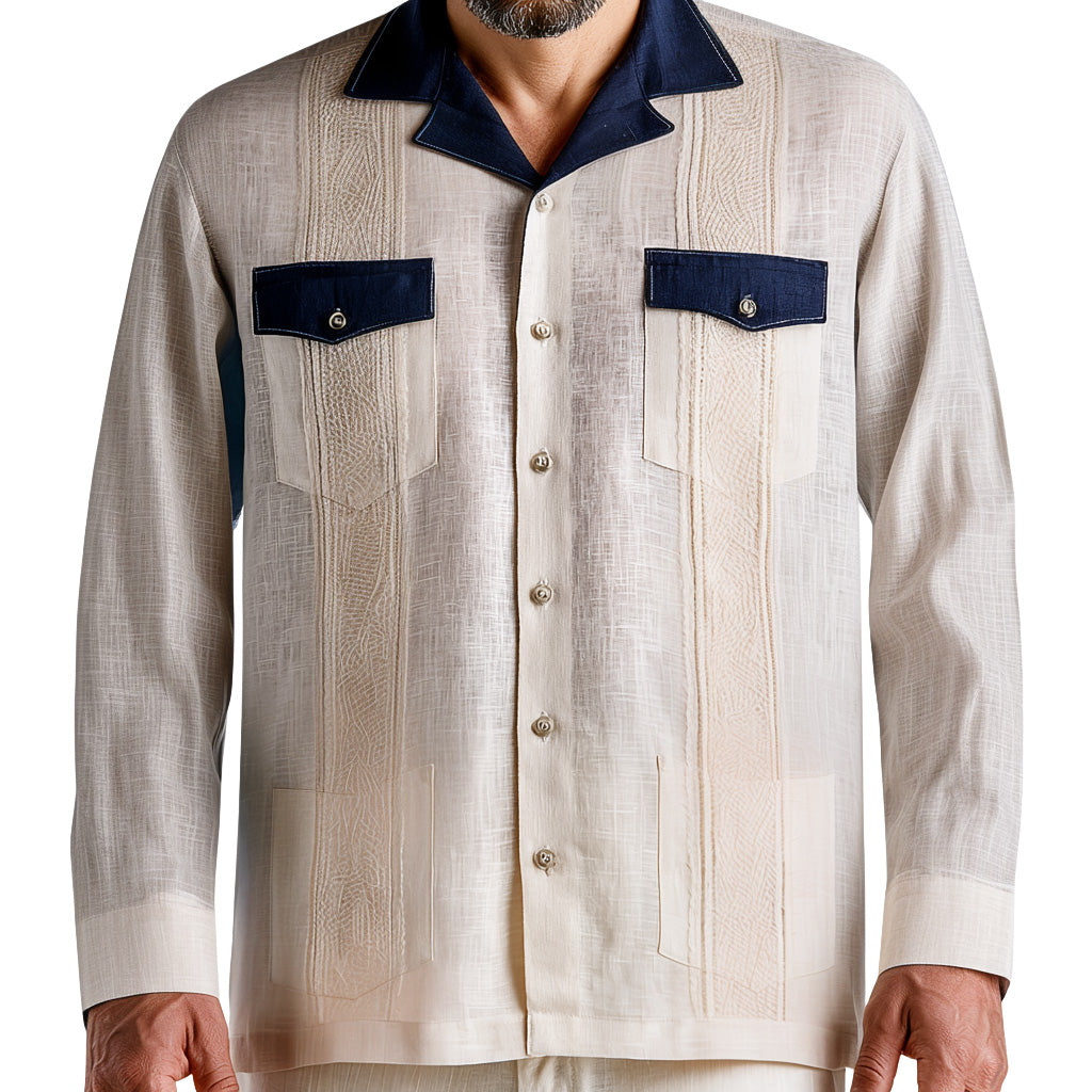Two-Tone Natural Linen Guayabera Shirt