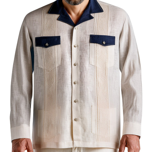 Two-Tone Natural Linen Guayabera Shirt