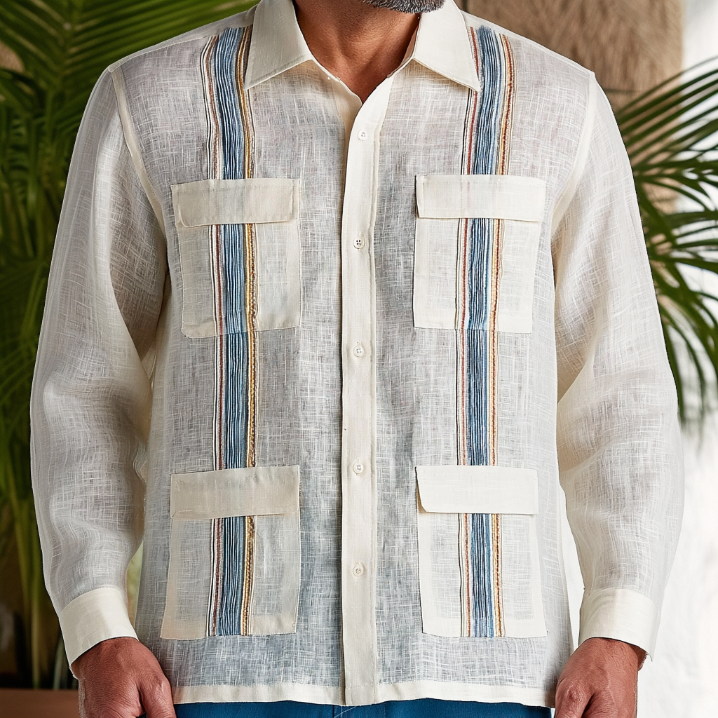 Multi-Stripe Linen Guayabera Shirt