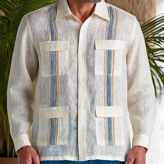 Multi-Stripe Linen Guayabera Shirt