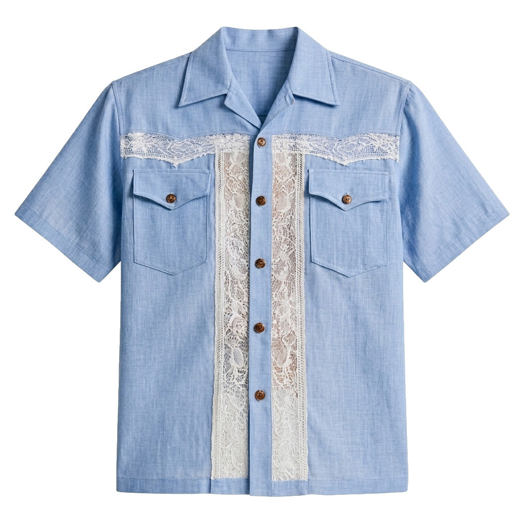 Lace-Panel Resort Guayabera Shirt