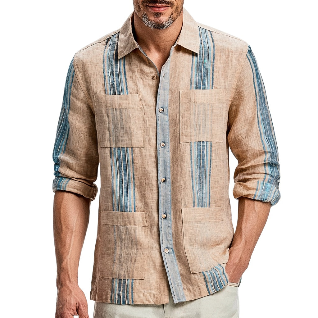 Sand Linen Guayabera Shirt with Blue Stripes
