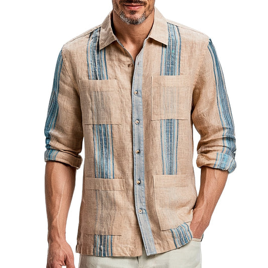 Sand Linen Guayabera Shirt with Blue Stripes