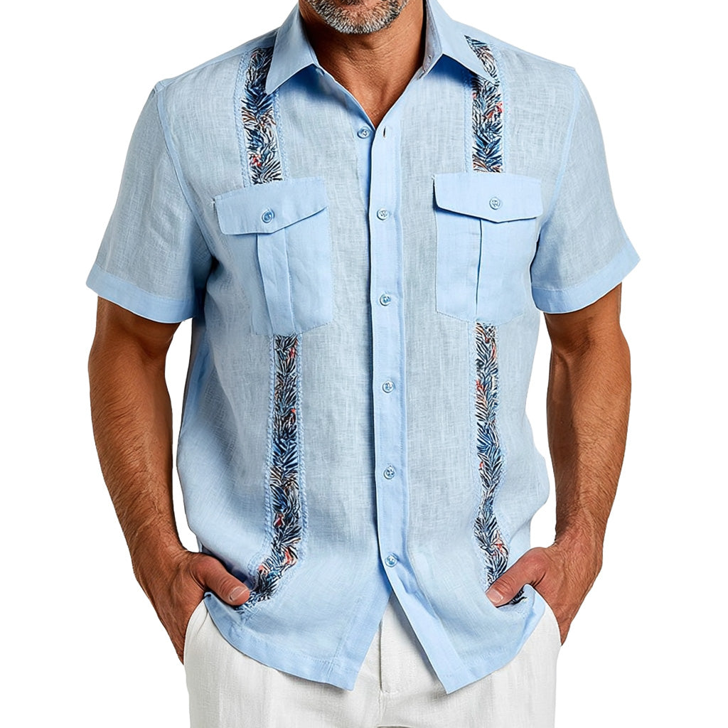 100% Linen Printed-Panel Guayabera Shirt