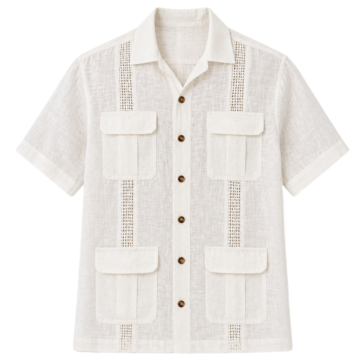 White Linen Guayabera Shirt with Natural Trim