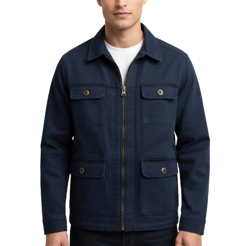 Men's Navy Cotton Utility Jacket - Zip Front Workwear Field Coat