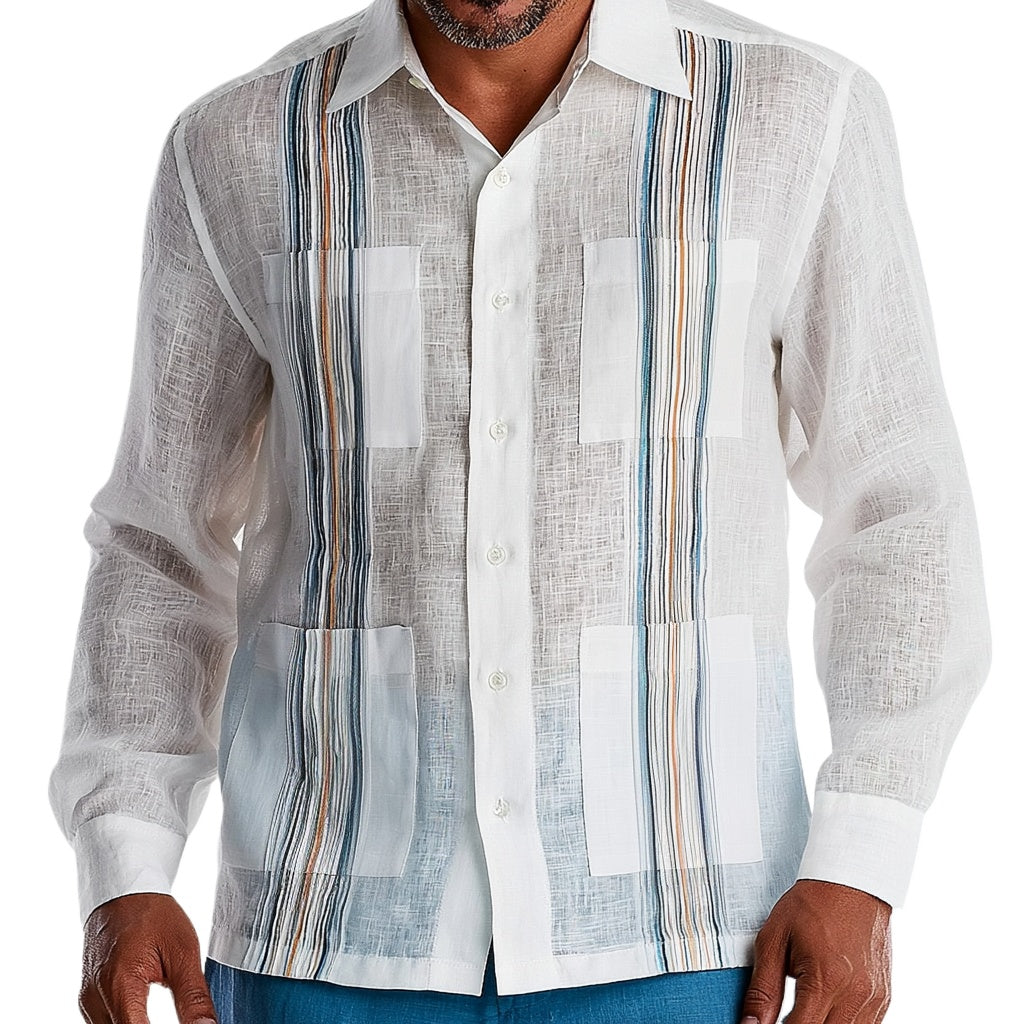 Men’s 100% Linen Multi-Stripe Guayabera Shirt