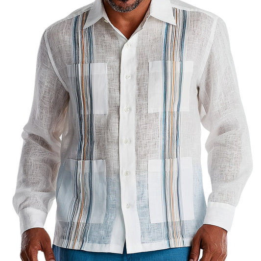 Men’s 100% Linen Multi-Stripe Guayabera Shirt