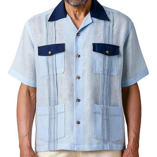 Two-Tone 4-Pocket Linen Guayabera Shirt