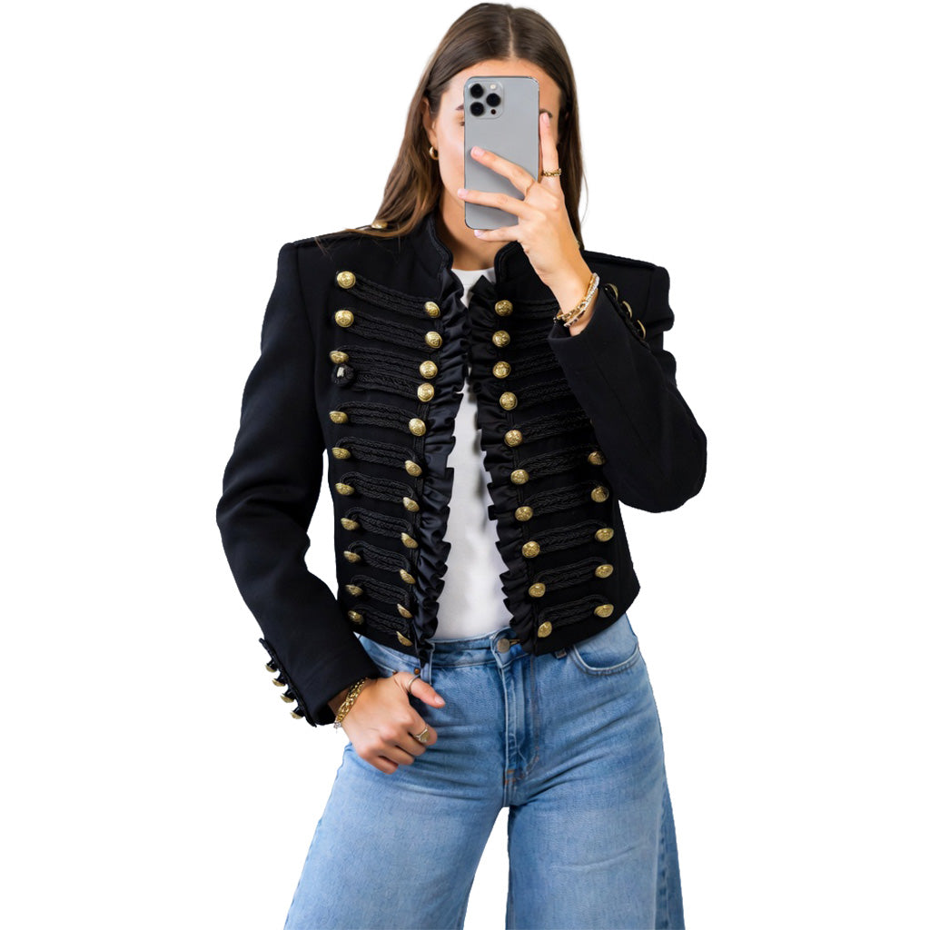 Black Cropped Napoleon Jacket for Women – Military Style Blazer with Gold Buttons & Ruffled Front