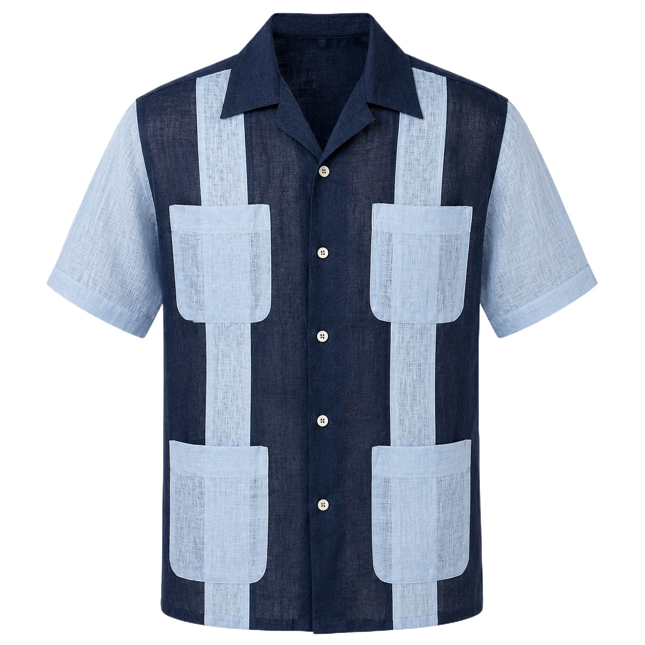 Navy Blue Guayabera Shirt with Light Blue Panels