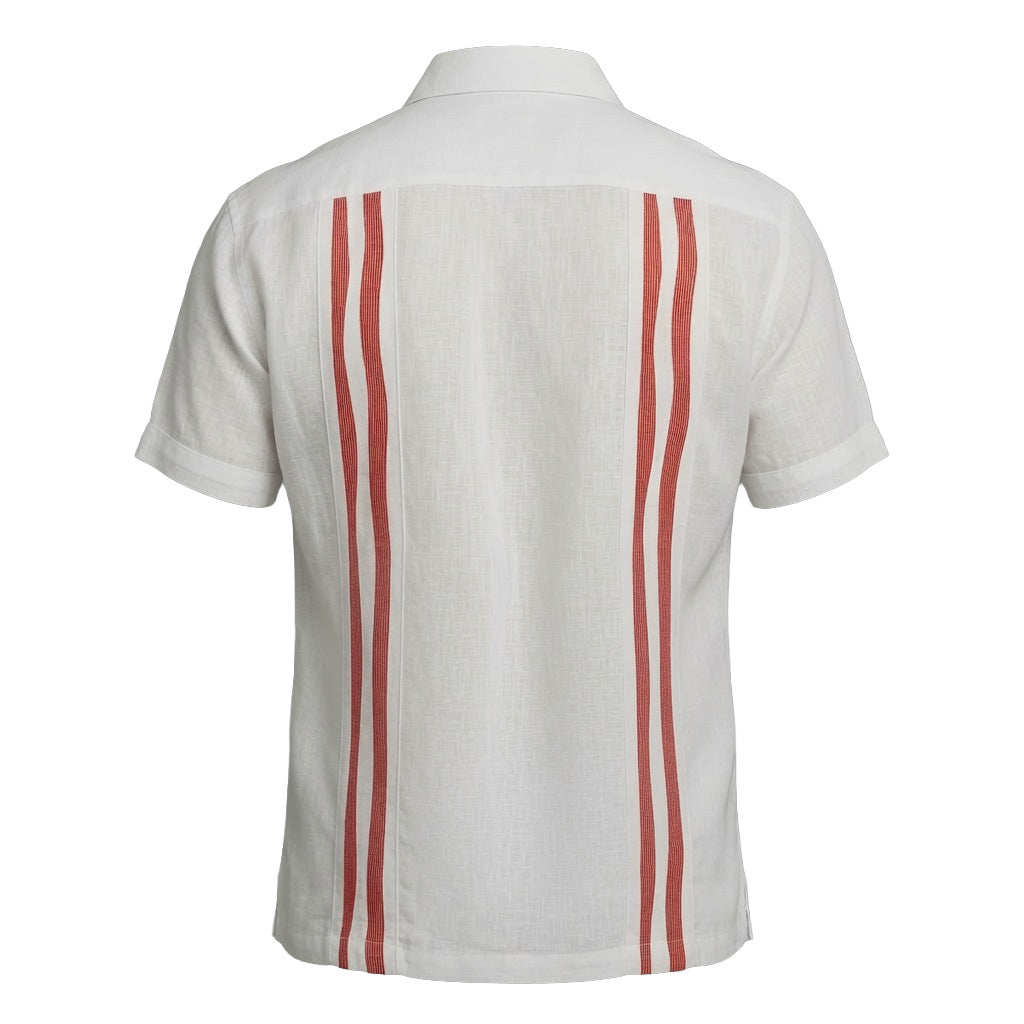 White Linen Guayabera Shirt with Red Red Wave Stripes